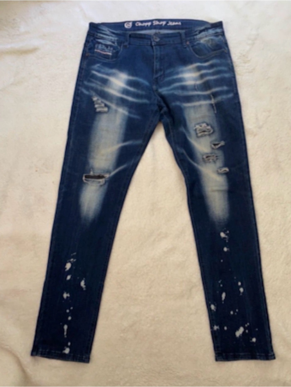 Chop Shop Jeans Men’s Size 38 Skinny Fit Distressed Dark Wash Paint Splatter Den